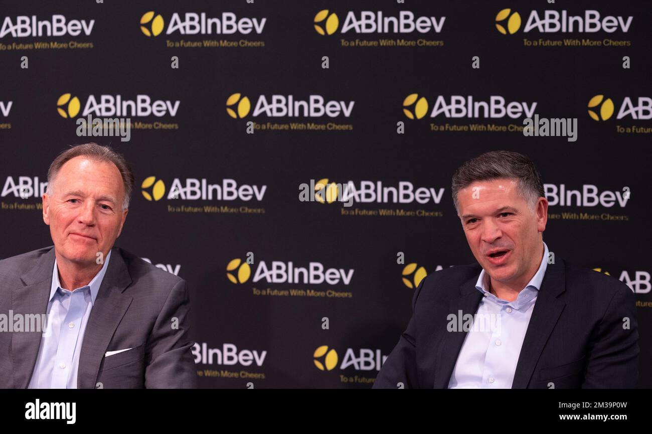 AB InBev Chairman of the Board AB InBev Marty Barrington and AB Inbev CEO Michel Doukeris pictured during a press conference after a shareholders meeting of the Anheuser-Busch InBev brewery group, on