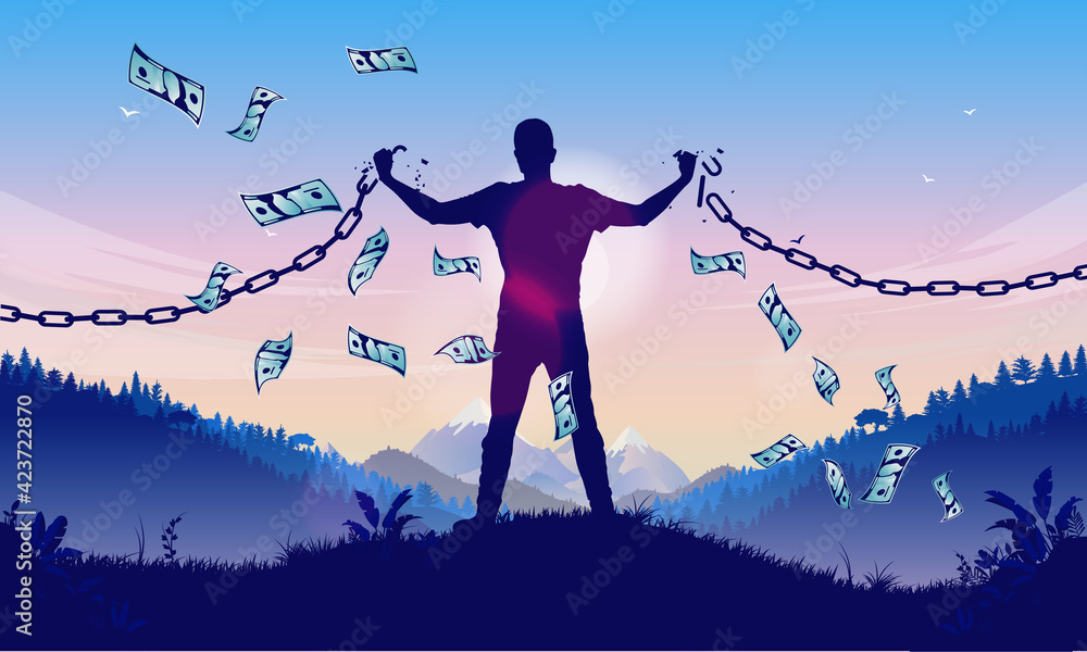 Stockvector Financial independence - Male person breaking chains and achieving money freedom. Rich and independent concept. Vector illustration. | Adobe Stock